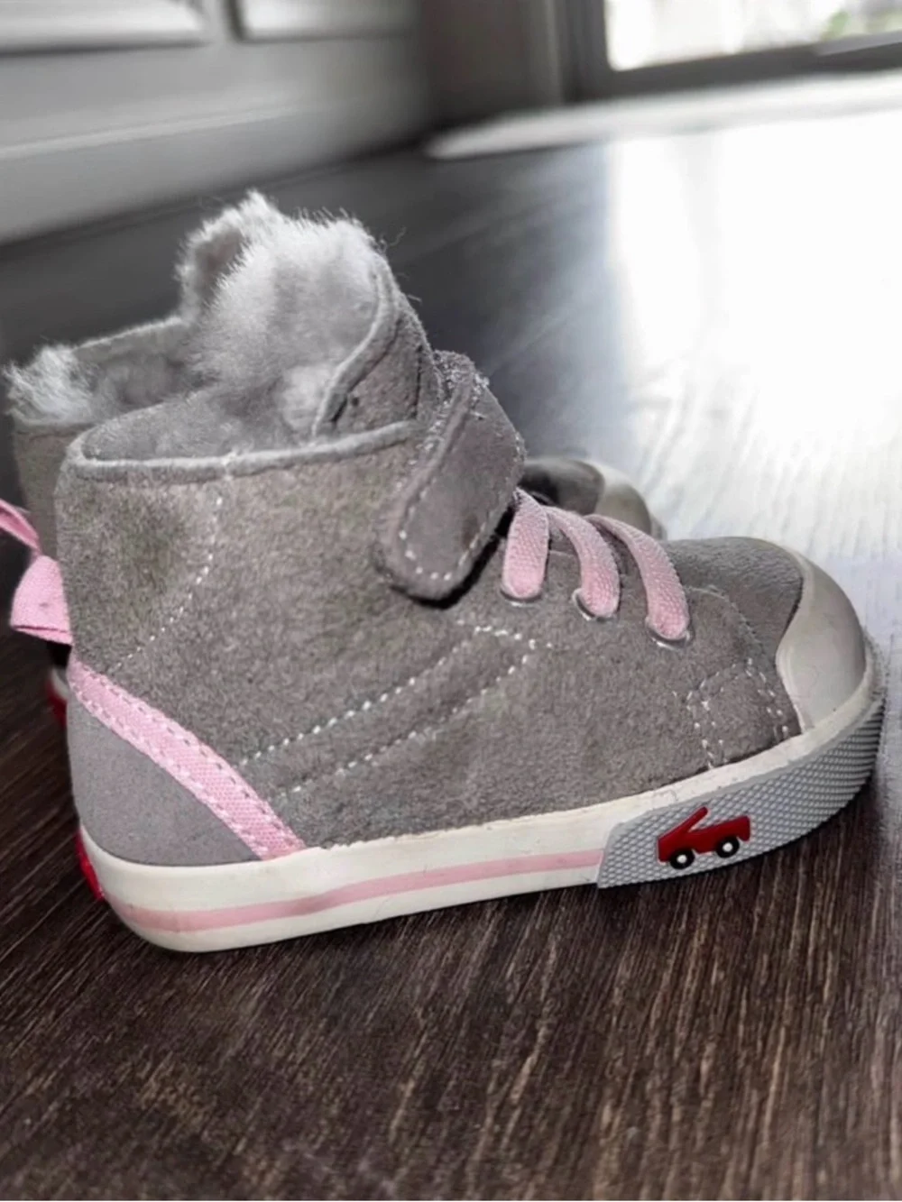 Kids Gray Suede Winter Boots with Pink Laces